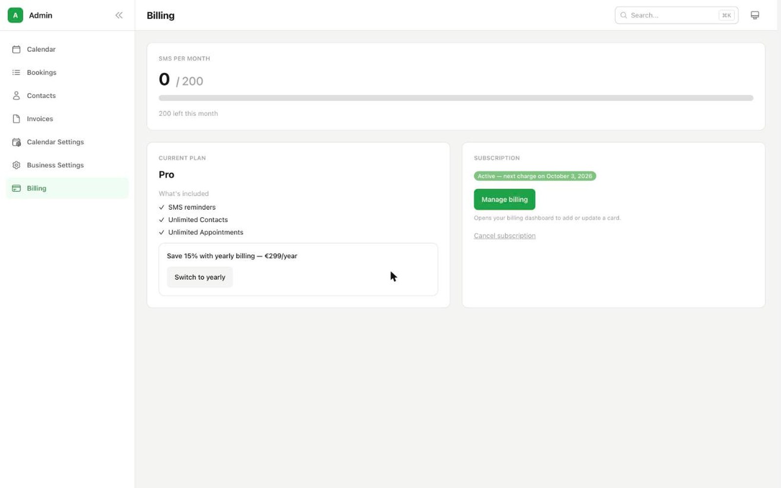 PayaCal's Billing page showing SMS usage, the current Pro plan, a yearly-billing offer, and subscription controls