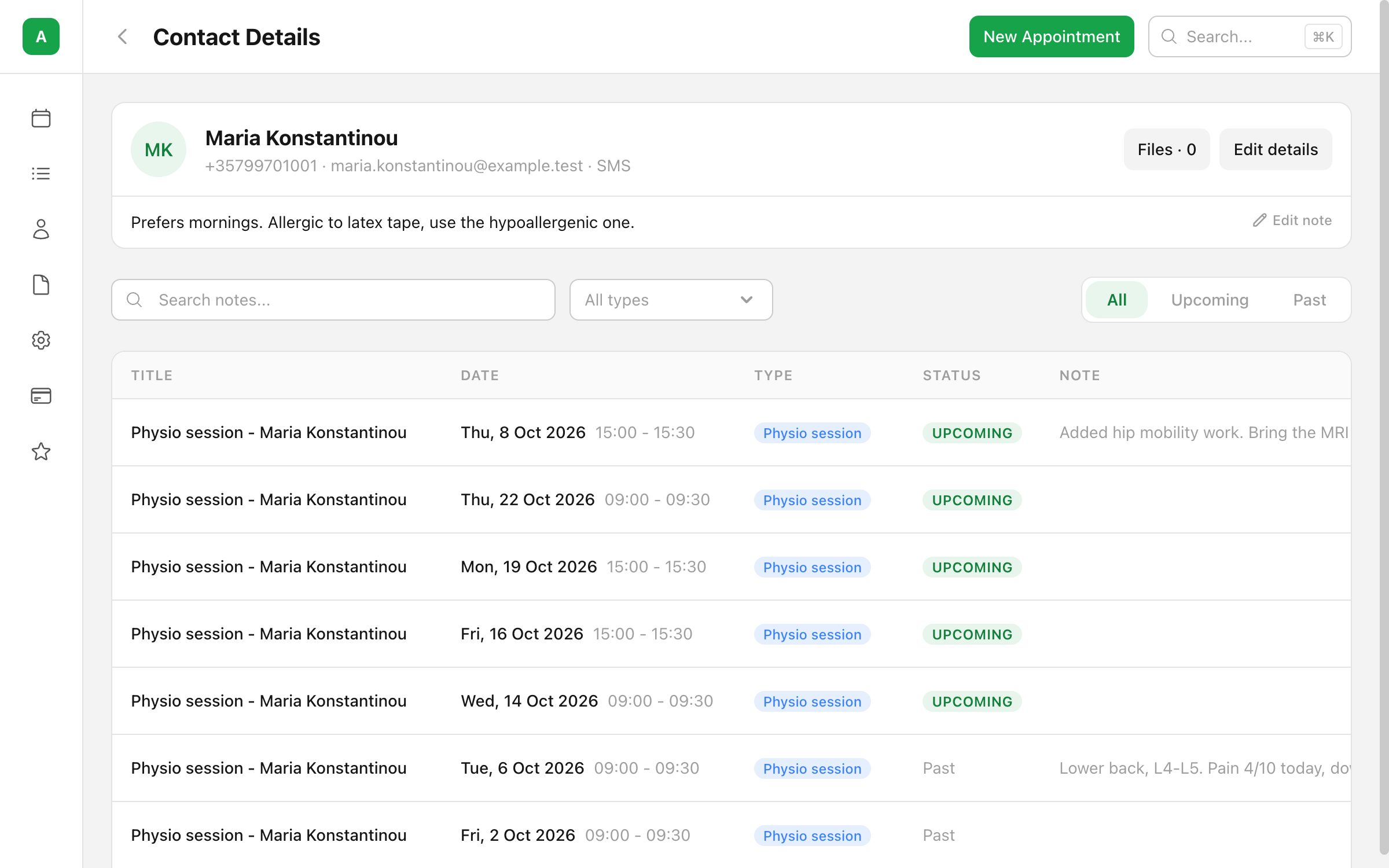 Maria Konstantinou client page in PayaCal: pinned note, visit history with notes