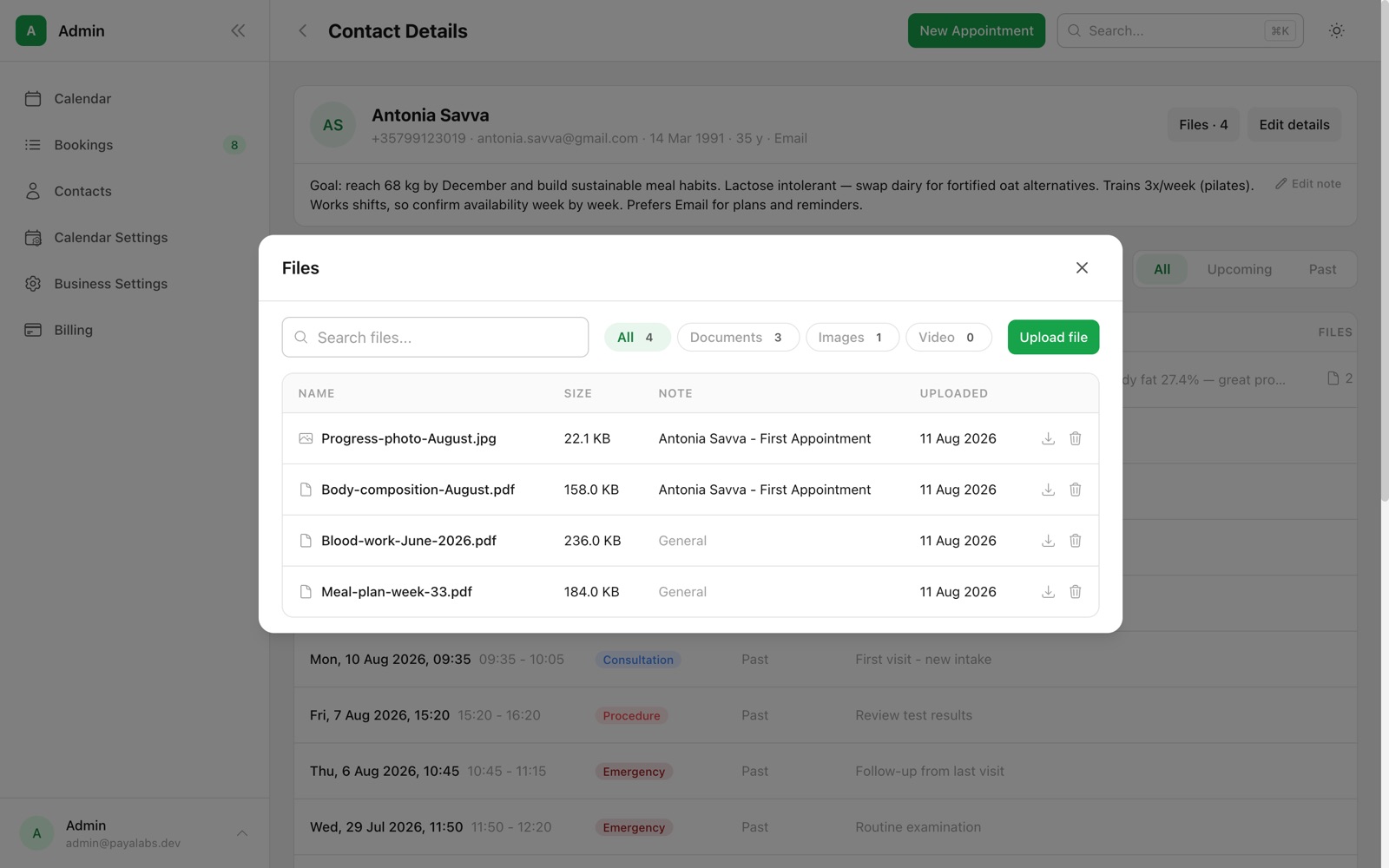 PayaCal's client file browser listing documents and images, each linked to its source appointment