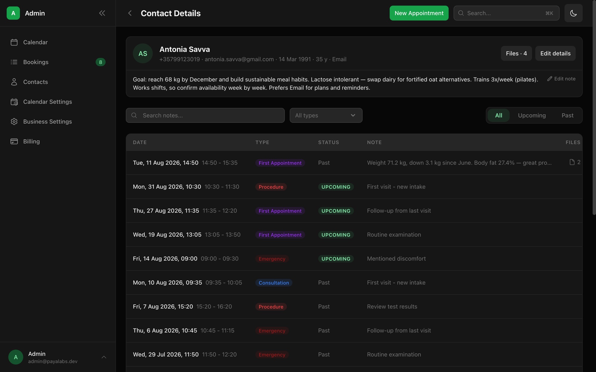 A client page in PayaCal: contact details, a pinned note, and the full appointment history with color-coded types