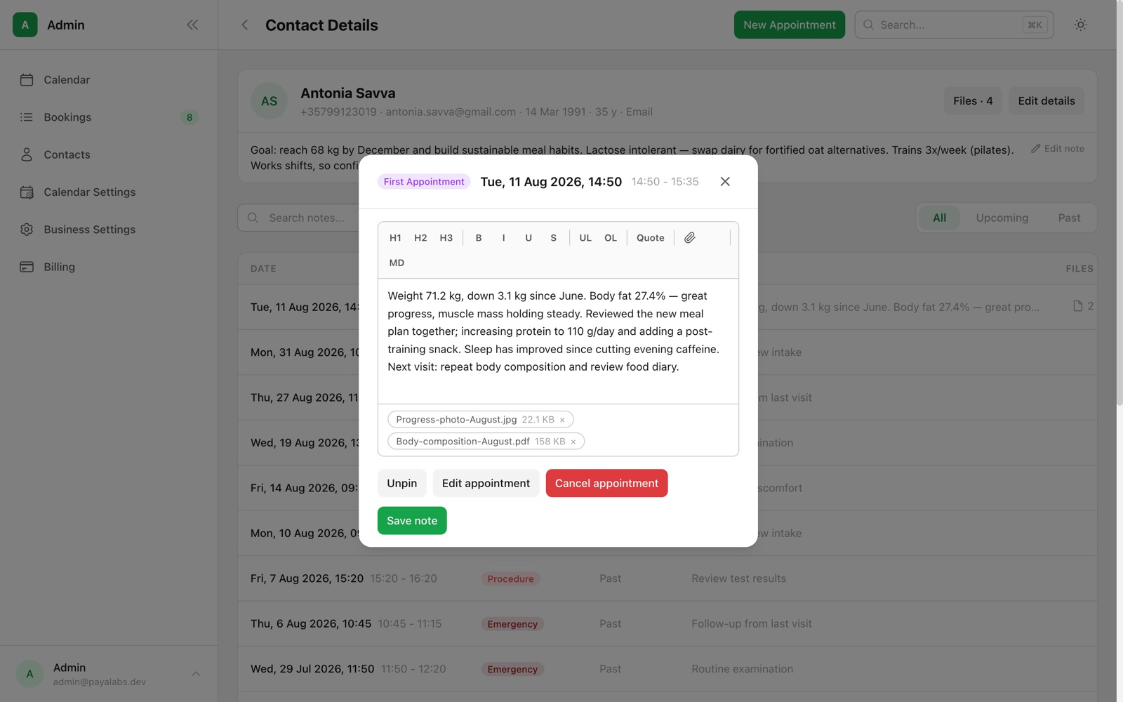 An appointment note in PayaCal's rich-text editor with two files attached to the visit