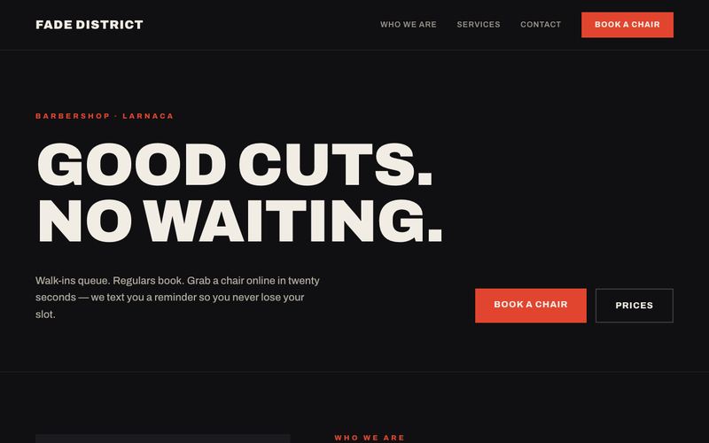 Fade District example website with the PayaCal booking page