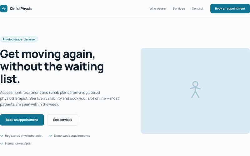 Kinisi Physio example website with the PayaCal booking page