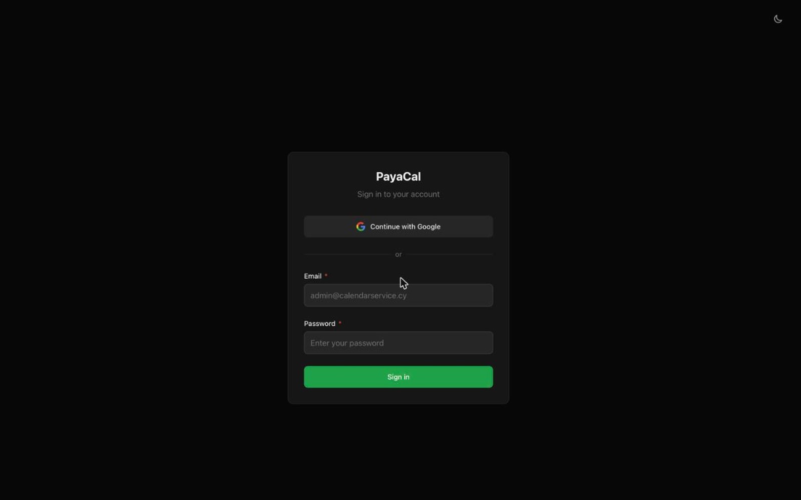 PayaCal's login screen with a Continue with Google button above the email and password fields