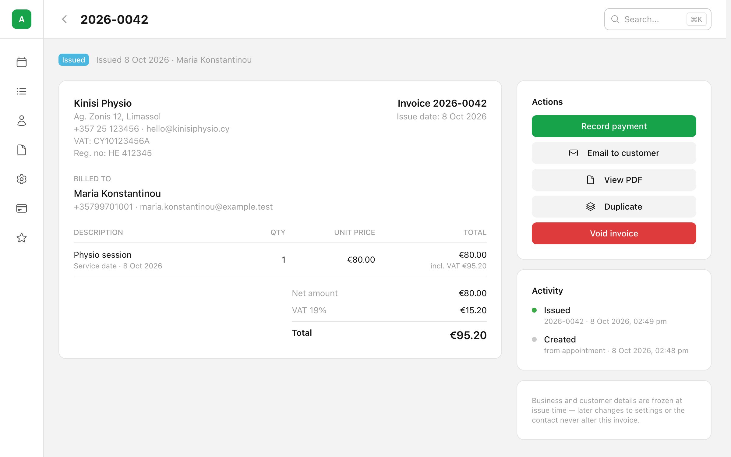 Invoice 2026-0042 for Maria Konstantinou in PayaCal: €80 plus 19% VAT, total €95.20