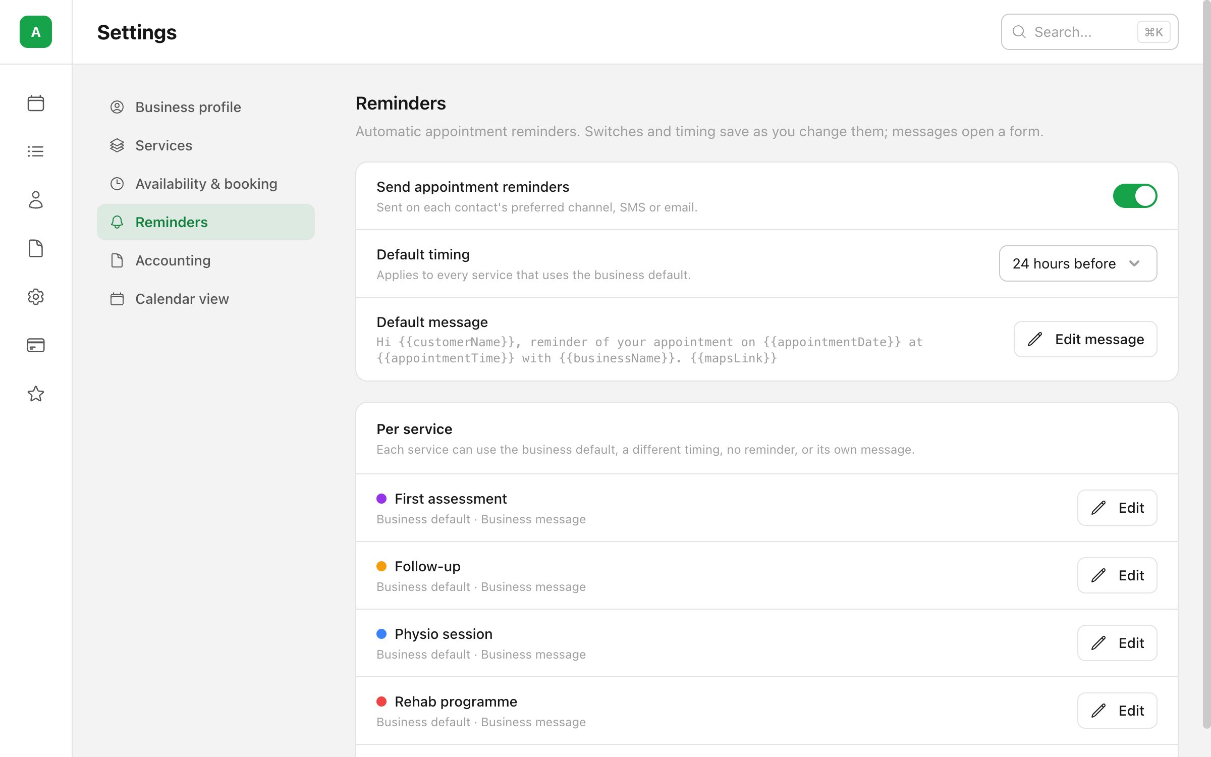 Reminder settings in PayaCal: default timing, default message, per-service rules
