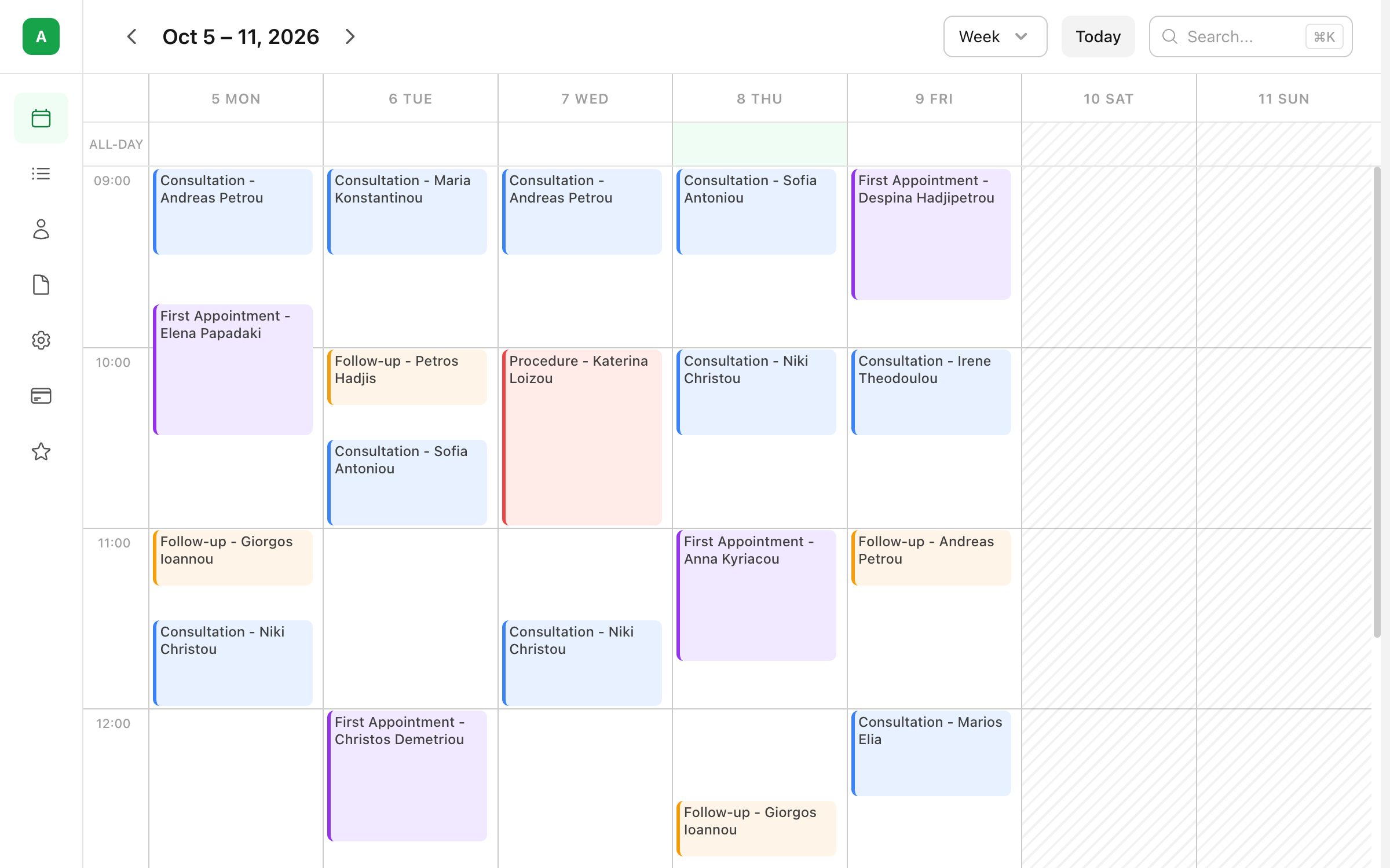 Kinisi Physio week view, 5 to 11 October 2026, in PayaCal