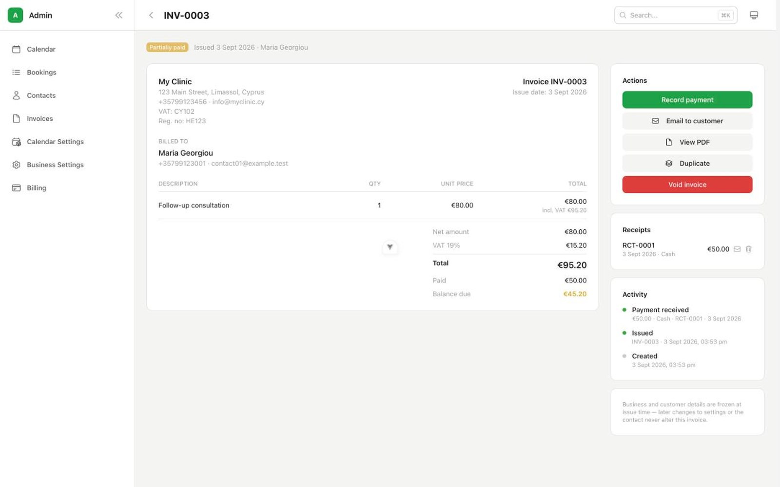 A PayaCal invoice marked Partially paid, showing a €50 receipt against a €95.20 total with €45.20 still due
